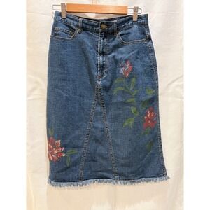 Kate Landry Womens Blue Floral Painted Stretch Denim Midi Skirt Raw Hem Size 6